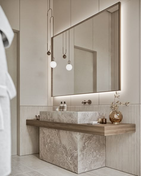 SANCTUARY - ISTO | Architecture & Interior design studio 2 Basin Bathroom Ideas, Bathroom With Arches, Fluted Marble Bathroom, Bathroom Counter Design, Toilet Wall Design, Integrated Sink Bathroom, Calcutta Marble Bathroom, Small Apartment Bathrooms, Bathroom Basin Design