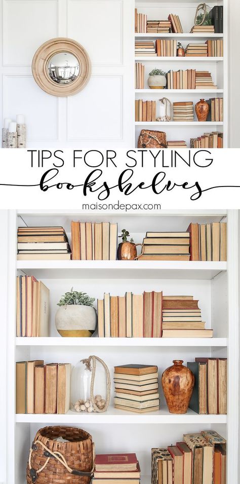 Bookshelf Styling Tips: Tips for styling any bookshelves no matter what you have on hand! #shelfstyling #openshelving Decorating A Bookshelf, Styling Bookcases, Styling Bookshelves, Bookcase Styling, Bookshelf Styling, Bookshelves Diy, Book Shelves, Family Room Decorating, Baby Shower Decor