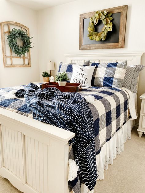 Christmas Guest Bedroom, Buffalo Check Bedding, Morning Snuggles, Blue Farmhouse, Kirkland Home Decor, Modern Farmhouse Bedroom, Bedroom Quilts, Farmhouse Bedding, Christmas Bedroom