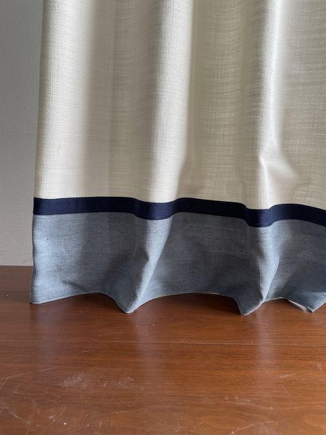 White Linen Curtain Panels,pleated Curtains With Navy Ribbon,color Block Drapes,curtains With Blue Border,minimalist Design - Etsy Curtains Inspiration Living Room, Color Block Drapes, Two Tone Curtains, Color Block Curtains, Navy Curtains, Curtain Inspiration, White Linen Curtains, Cream Curtains, Drapery Styles