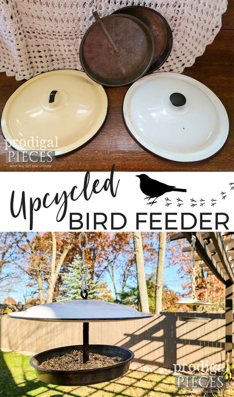 Create an upcycled bird feeder from misfit enamel pot lids and cake pans. Tutorial by Larissa of Prodigal Pieces at prodigalpieces.com #prodigalpieces #upcycled #garden #birds #farmhouse #home #homedecor Upcycle Bird House, Bird Feeder Landscaping Ideas, Upcycled Garden, Bird Feeding Station, Homemade Bird Feeders, Diy Bird Feeder, Recycled Garden, Bird Baths, Garden Birds