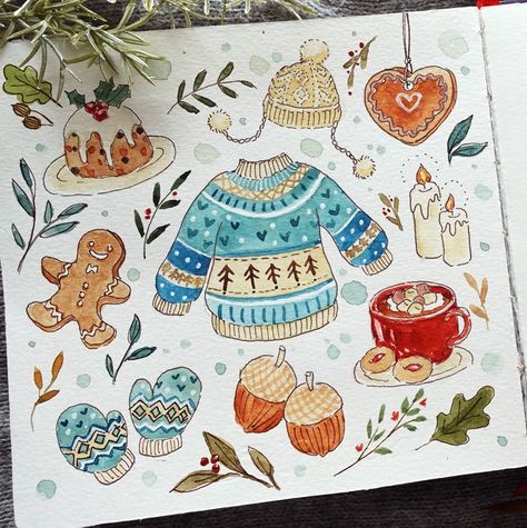 Winter Doodle Art, Winter Bujo Ideas, Hot Cocoa Doodle, Doodle Noel, Winter Doodles Easy, Christmas Illustration Drawing, Winter Aesthetic Drawing, Drawing Ideas Winter, Winter Journal Ideas