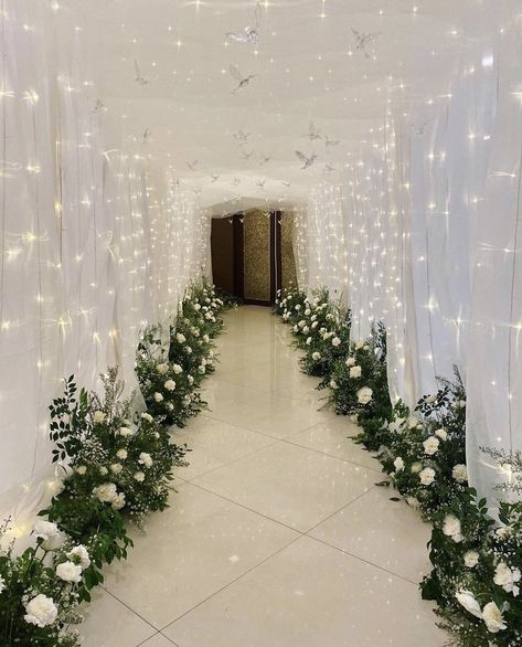 Walkway Wedding Decor Pathways, Flower Reception Decoration, Wedding Entrance Tunnel Decor, Wedding Hall Walkway Decoration, Wedding Tunnel Entrance Fairy Lights, Hallway Decorating Wedding, Morning Engagement Decorations, Fairytale Theme Wedding Decor, Wedding Entrance Decor Indoor