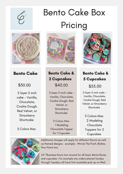 Pricing Serving Guide | Cupcakes2Cakes Bento Cake Price, Pricing Cakes Chart, Cookie Guide, Pricing Guide, Cookie Pricing, Cupcake Pricing Chart, Cake Portion Guide, Cake Business Plan, Cake Pricing Chart