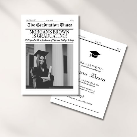 Newspaper Graduation Party Invitation Template, Editable Graduate Photo Card, Printable Graduation Announcement, Modern Minimalist Grad Newspaper Graduation, Photo Card Printable, Merry Christmas Font, Graduate Photo, Graduation Party Invitations Templates, Grad Announcements, Newspaper Template, Graduation Party Invitation, Christmas Fonts