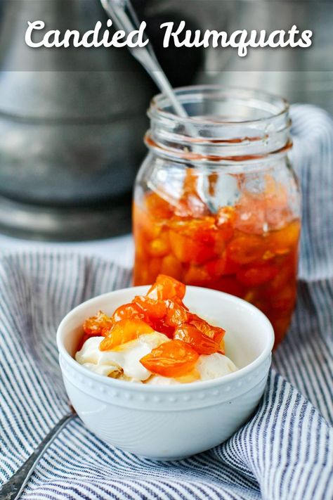 These candied kumquats are a wonderful way to enjoy the abundance of the fruit this time of year. Candied Kumquats, Spring Sweets, Kumquat Recipes, Banana Pudding Desserts, Spring Recipes Dessert, Recipe Generator, Candied Orange Peel, Spring Brunch, Fruit Preserves