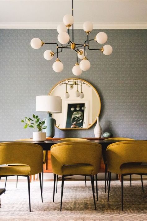 Wallpaper Dining Room Mid Century, Art Deco Style Dining Room, Midcentury Modern Wallpaper Dining Room, Mid Century Dining Room Wallpaper, Dining Room With Light Blue Walls, Mid Modern Dining Room, Eclectic Chandelier Dining Rooms, Dining Room Vibes, Mid Century Mixed With Traditional