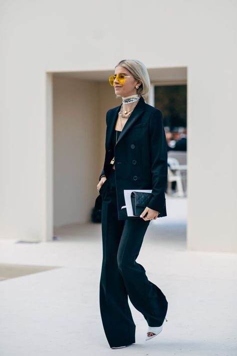 Caroline Daur, Street Style Spring, Reportage Photography, Black Costume, Paris Fashion Week Street Style, Plunge Dress, Popsugar Fashion, Style Spring, Spring Street Style