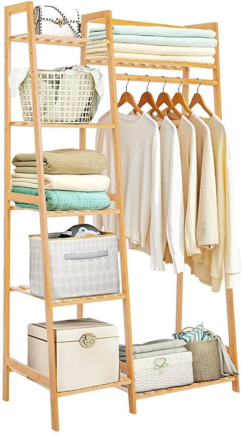 Bamboo Clothes Rack, Dress Up Stations, Clothing Rack Bedroom, Standing Closet, Bamboo Clothes, Clothing Racks, Portable Wardrobe, Hanging Clothes, Bedroom Wardrobe