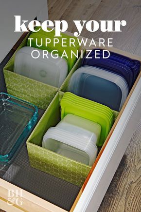 We rounded up our favorite kitchen storage hacks to solve your food storage container woes. Keep cabinets from getting chaotic and avoid mismatched items with this easy kitchen drawer organizer hack. #tupperwareorganizing #cabinetorganization #storageideas #bhg Diy Tupperware Storage, Organizing Storage Containers In Kitchen, Container Storage Organization, Container Lid Storage Ideas, Diy Cabinet Storage Organizers, Plastic Food Container Organization, How To Store Tupperware Containers, Tuppaware Storage Ideas, How To Organize Food Storage Containers