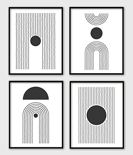 Second Sun Collection From Timeless Persona Home Decor - Set of 4 Minimalist Abstract Black and White Art Prints | Boho Living Room Wall Art | Contemporary Line Art Drawings | Mid Century Modern Artwork | Calming Geometric Aesthetic Posters for Kitchen (Includes Four 8”x10” UNFRAMED Matte Fine Art Prints) Posters For Kitchen, Boho Living Room Wall, Abstract Black And White Art, Black And White Art Prints, Mid Century Interior Design, Geometric Aesthetic, Mid Century Modern Artwork, Aesthetic Posters, Art Prints Boho