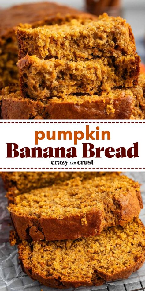 This Pumpkin Banana Bread is the best fall recipe: A soft banana bread with pumpkin to keep it moist and tons of pumpkin spice. This quick bread is the easiest recipe and every bite tastes like fall. Ww Pumpkin Banana Bread, Butter And Bliss Pumpkin Bread, Things To Do With Bananas Going Bad, Pumpkin Bread Banana, Banana Bread Pumpkin Spice, Pumpkin Banana Bread Greek Yogurt, Pumpkin Banana Bread Pioneer Woman, Fall Loaf Bread Recipes, Banana And Pumpkin Bread