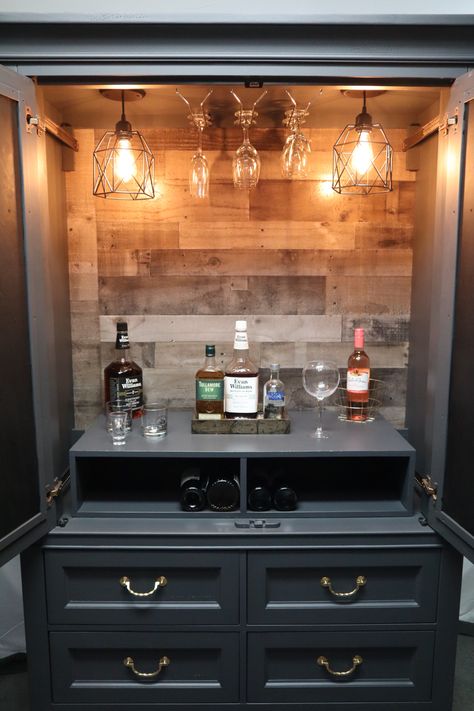 Interior Doors Glass, Diy Bar Cabinet, Built In Lighting, Alcohol Cabinet, Armoire Repurpose, Armoire Bar, Saving The Environment, Armoire Makeover, Armoire Cabinet