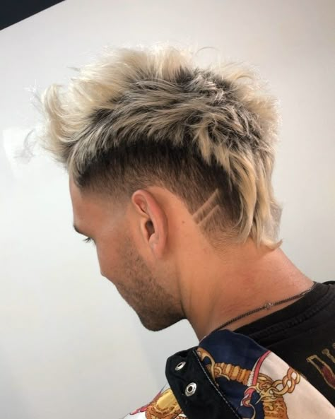 Blonde Mohawk Men, Euro Hawk Haircut, Fohawk Haircut Fade, Punk Mullet, Modern Mohawk, Blonde Mohawk, Mohawk Cut, Fohawk Haircut, Short Punk Hair