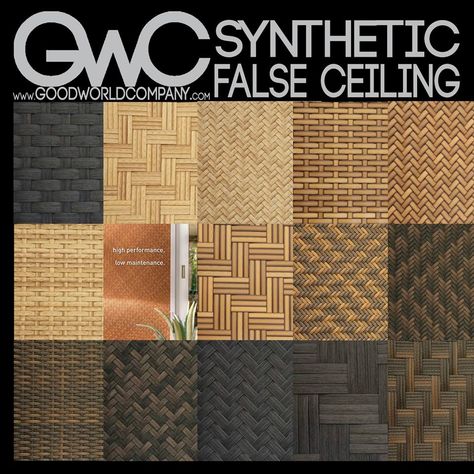 SYNTHETIC FALSE CEILING Bamboo Mat Ceiling, Bamboo Ceiling Design, Tropical Ceiling Design, Bamboo Ceiling Ideas, Tropical Ceiling, Rattan Ceiling, Bamboo Roof, Interior Design Sketchbook, Materials Board Interior Design