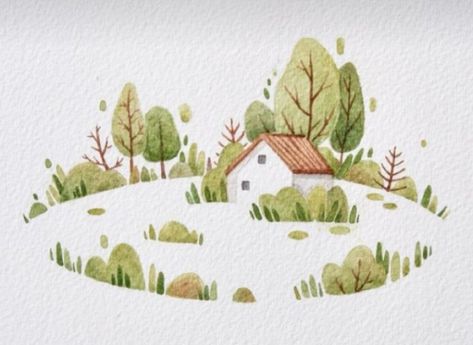 Watercolor Paintings Doodles, Houses Watercolor Painting, Single Color Watercolor Paintings, Water Color Sketch Book Idea, Cute Watercolour Doodles, Watercolor Doodle Ideas, Watercolor Practice Ideas, Cute Watercolour Ideas, Ink And Watercolor Illustration