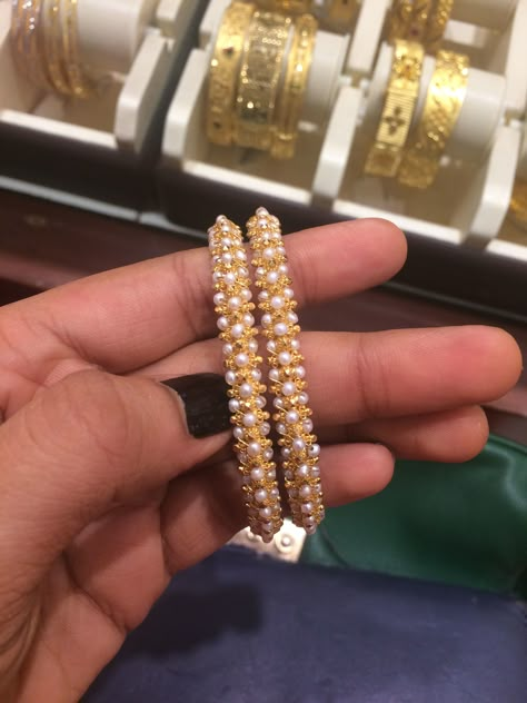 Pearl And Gold Bangles, Pearl Bangles Design, Moti Bangles Design, Pearl Bangles Indian Gold, Pearl Bangle Designs, Pearls Bangles, Pearl Bangles Gold, Pearl Bangles, Pearl Bangle Bracelet