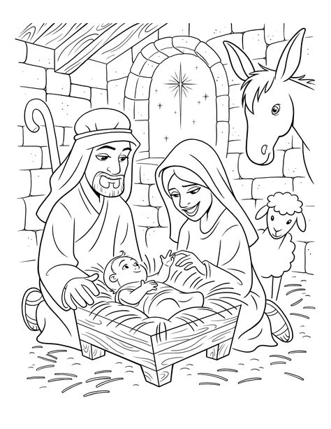 Mary and Joseph sit next to the manger where baby Jesus lies. Lds Coloring Pages, Jesus In A Manger, Nativity Coloring Pages, Jesus Coloring Pages, Birth Colors, Family Coloring Pages, Printable Christmas Coloring Pages, Jesus Drawings, Jesus Mary And Joseph