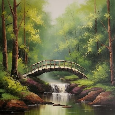 Bob Ross Instant Download Art Bridge Scene Bob Ross Inspired Art Gift Nature Bridge Scene Beautiful Digital Artwork - Etsy Bob Ross Painting Videos, Bob Ross Landscape, Nature Bridge, Bob Ross Art, Bridge Artwork, Bridge Painting, Bob Ross Paintings, Lush Forest, Wooden Bridge