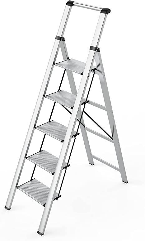 5 Step Ladder, Folding Step Stool, Lightweight Aluminum Silver Foldable Ladder with Anti-Slip Wide Sturdy Pedal and Handgrip, Multi-Use for Home, Library, Office, Garage (330 lbs Capacity) Home Library Office, Foldable Ladder, Bamboo Silverware, Folding Stairs, Folding Step Stool, Library Office, Folding Ladder, Step Ladders, Office Garage