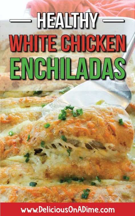 These Healthy White Chicken Enchiladas are one of our family's favorite main dishes. Easy to make and a total crowd-pleaser, they use yogurt instead of sour cream to make a creamy white sauce (with tangy green chilis). Everyone loves them! #easyrecipes #healthyrecipes #enchiladas #whiteenchiladas #whitesauce #bestmaindishes Healthy White Chicken Enchiladas, Bland Recipes, Eating Cheap, Creamy White Sauce, Green Chilis, Recipes Cheap, White Chicken Enchiladas, Cheap Easy Meals, Cheap Dinner Recipes