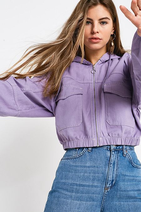 purple crop Winter Mode Outfits, Fashion Attire, Mode Inspo, Girls Fashion Clothes, Jacket Design, Teen Fashion Outfits, Winter Fashion Outfits, Crop Jacket, Cute Casual Outfits