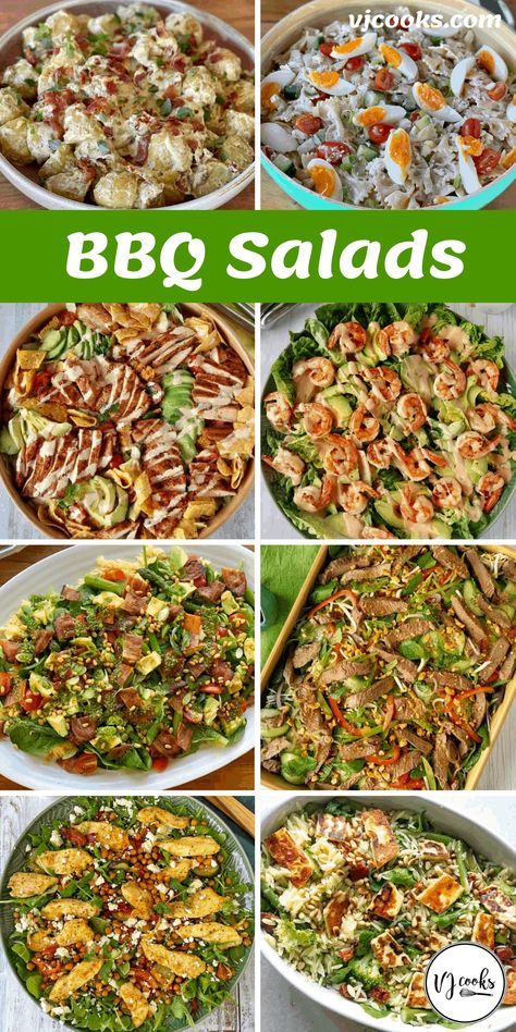 BBQ Salads pin Bbq Christmas Lunch, Salad Ideas For Bbq, Bbq Buffet Ideas, Orzo Asparagus, Light Salad Recipes, Vegetable Couscous Salad, Christmas Bbq, Roasted Vegetable Couscous, Bacon Pasta Salad