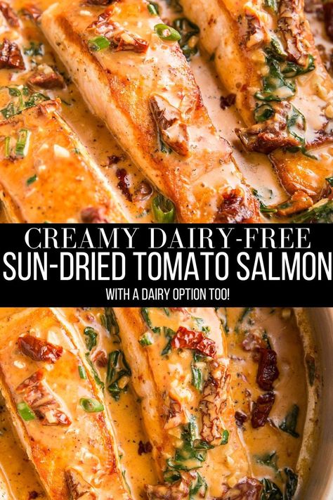 Creamy Sun-Dried Tomato Salmon features a delicious sun-dried tomato basil sauce with plenty of garlic notes for an impressive main dish. This recipe includes a dairy-free option as well as an option for classic cream sauce. Serve it with rice, mashed potatoes, or roasted vegetables for a complete meal! #dinner #salmon #healthy #keto #paleo #dairyfree Dairy Free Salmon Recipes, Tomato Recipes Healthy, Salmon Healthy, Dinner Salmon, Gluten Free Salmon, Roasted Tomato Pasta, Best Salmon Recipe, Sun Dried Tomato Sauce, Tomato Cream Sauce