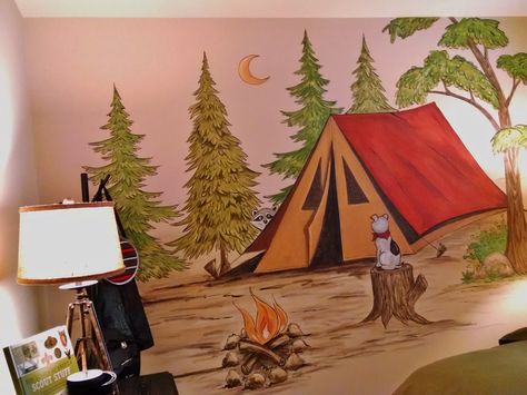 Children's bedroom, boy's room camping mural, scouting Camping Mural Ideas, Camping Mural, Boys Camping Bedroom, Camping Bedroom, Boys Room Mural, Camping Room, Camping Classroom, Preschool Decor, Themed Kids Room