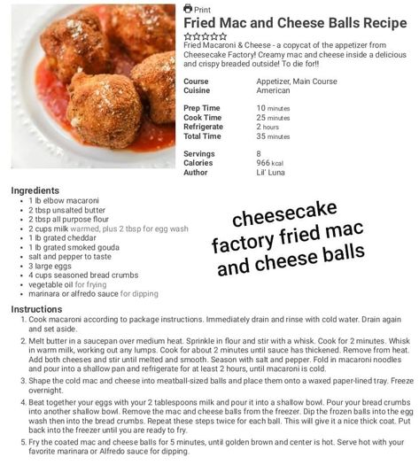 Copycat Cheesecake Factory Mac N Cheese, Homade Mac And Cheese, Cheesecake Factory Mac And Cheese Balls, Deep Fried Macaroni And Cheese Balls, Mac And Cheese Balls Cheesecake Factory, Fried Mac And Cheese Balls, Deep Fried Mac And Cheese Balls Recipe, Mac Cheese Balls Fried, Mac And Cheese Balls Recipe