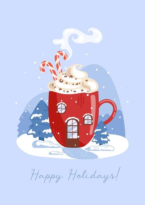 Happy Holidays. House in the form of a red mug. Hot chocolate or coffee, cocoa and whipped cream. candy cane. Winter forest, fir trees in the snow. For posters, postcards, banners, design elements. Christmas Coffee Drawing, Hot Chocolate Poster Design, Christmas Coffee Illustration, Hot Chocolate Illustration, Hot Chocolate Xmas, Christmas Moodboard, Disco Wallpaper, Winter Graphics, Banners Design