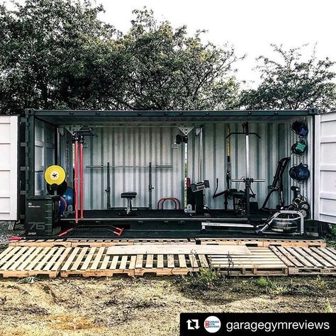 Check out this shipping container turned home gym featuring our GDCC250 Cable Crossover! Container Crossfit Gym, Shipping Container Home Gym, Shipping Container Gym Design, Gym Container Ideas, Container Gym Design, Storage Container Gym, Outside Home Gym, Shipping Container Gym Ideas, Outside Gym Ideas Backyards