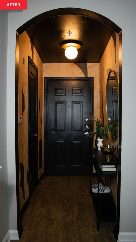 Black Entryway Ceiling, Dark Paint Entryway, Black Ceiling Entryway, Black Hallway Ceiling, Black Ceiling Hallway, Whimsigoth Entryway, Entryway Black Wall, Black Interior Doors With Spots Golds, Black Interior Doors With Sparks Gold