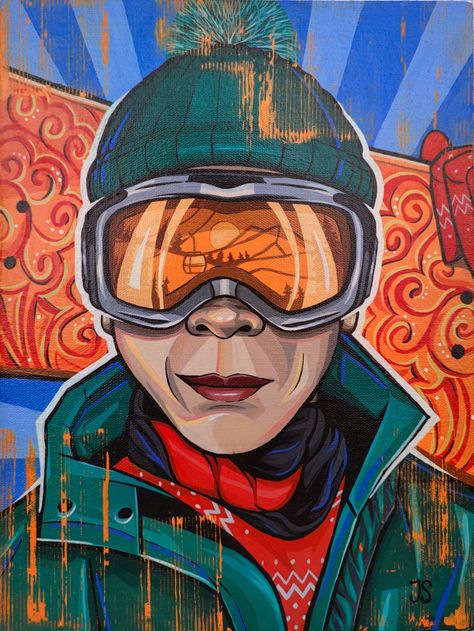 Bright portrait of a man, glasses, painting, winter, snowboard, sports, winter Winter Skiing, Painting Demo, Ski Lodge, Graffiti Art, Painting Acrylic, Painting Art, Snowboarding, Portrait Painting, Kayaking