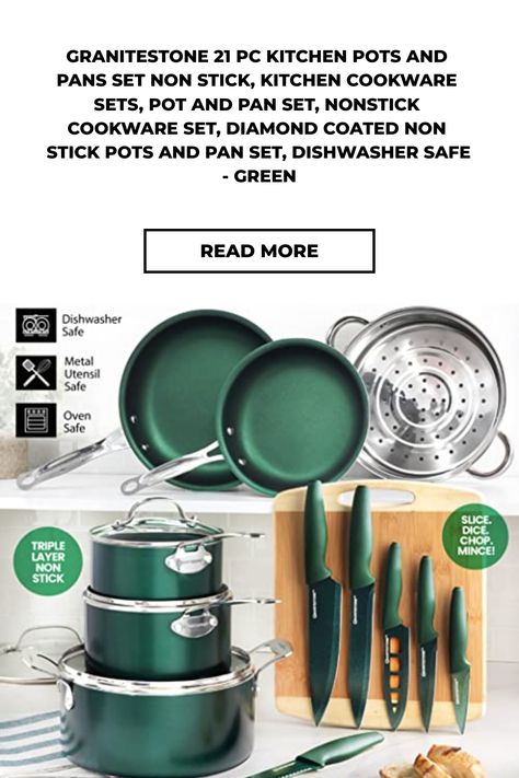 COMPLETE KITCHEN IN A BOX: This Pots and Pans Set contains everything you need to start cooking like a pro. This set includes an 8” frying pan, 10.25” frying pan with glass lid, 1.5 Qt sauce pan, a 2.5qt saucepan with lid, 5 qt stockpot with lid and complete 5 pc bakeware set and a 6-piece Nutriblade knife set. Each Piece of cookware has stay cool handles & a 10-year limited guarantee ensuring you have quality cookware for years. LONG LASTING NONSTICK: Think healthier foods, easy food release, and an effortless cleanup for years to come with Granitestone- Each piece of cookware is generously coated 3x with nonstick coating and reinforced with diamonds to deliver the ultimate food release. No oil or butter needed, makes for healthier eating, and provides for hassle free, 1-2-3 cleanup. EASY Kitchen Pots And Pans, Kitchen Pots, Kitchen Cookware Sets, Nonstick Cookware Sets, Pots And Pans Sets, Kitchen Pot, Cooking Set, Granite Stone, Nonstick Cookware