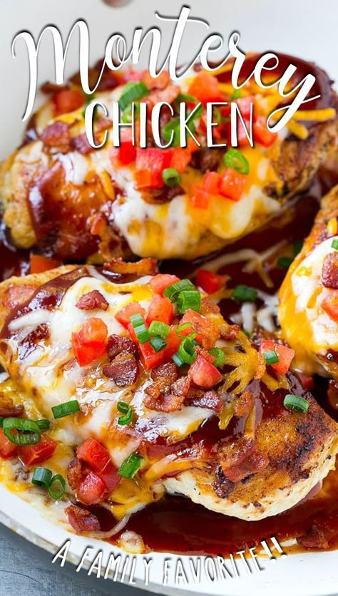 This Monterey chicken is a Chili’s copycat that features seasoned chicken breasts smothered in barbecue sauce, cheese, bacon and tomatoes. Monterey Chicken Bubble Up, Chicken Bacon Bbq Recipes, Baked Monterey Chicken, Monterey Chicken Bake, Cheesy Baked Chicken And Peppers, Montreal Chicken Recipe, Chili's Monterey Chicken Recipe, Monterey Jack Chicken, Summer Chicken Breast Recipes