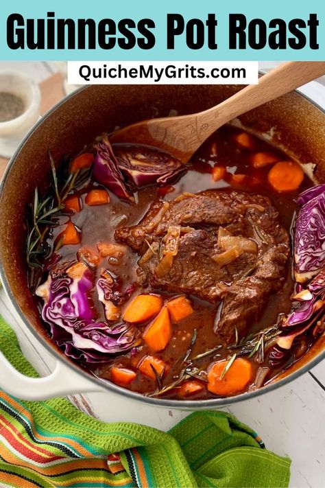 A dutch oven filled with pot roast, carrots, purple cabbage and rosemary in a thick brown sauce. Rosemary Vegetables, Irish Pot Roast, Slow Cooker Round Roast, Guiness Stew, Roast In Dutch Oven, Crock Pot Chuck Roast, Dutch Oven Beef Stew, Dutch Oven Pot Roast, Cheese Burrito