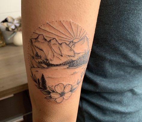 My first tattoo: Moraine Lake by Vanessa Dong at her private studio in Vancouver BC #tattoos #tattoo #beauty Beach And Mountain Couple Tattoo, Moraine Lake Tattoo, Banff Tattoo Ideas, Vancouver Tattoo Ideas, Banff Tattoo, Lake Tattoo Ideas, Lake Tattoos, Alaska Tattoo, Flower Tats