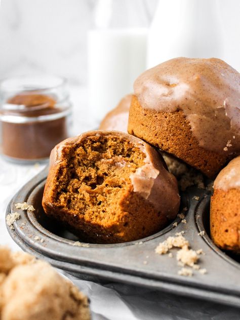 Pumpkin Muffins with Brown Sugar Cinnamon Icing (DF) Moist Pumpkin Muffins, Brown Sugar Icing, Seasonal Baking, Cinnamon Icing, Pumpkin Chai, Sugar Icing, Sugar Pumpkin, Sweet Treats Recipes, Pumpkin Chocolate Chips