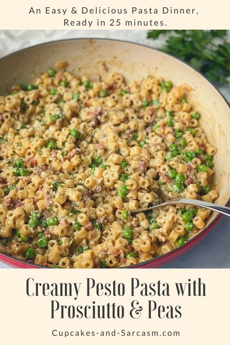 Creamy Pesto Pasta with Prosciutto & Peas - Cupcakes and Sarcasm Proscuitto Pasta, Proscuitto Recipe, Pasta With Prosciutto, Prosciutto Pasta, Prosciutto Asparagus, Avocado Pesto Pasta, Creamy Pesto Pasta, Pasta With Peas, Pea Pesto