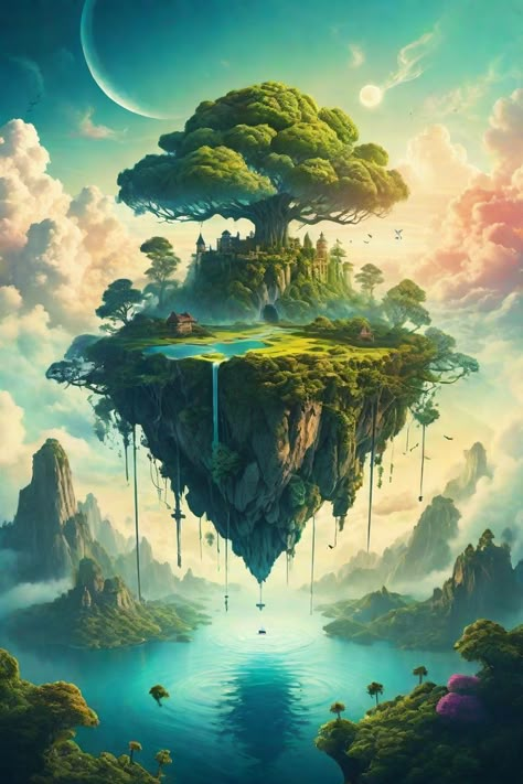 Floating World Illustration, Floating Island Fantasy Art, Floating Rocks Concept Art, Floating Islands Fantasy Art, Floating Island Minecraft, Floating Land, Dragon Island, Floating Cities, Visual Metaphors