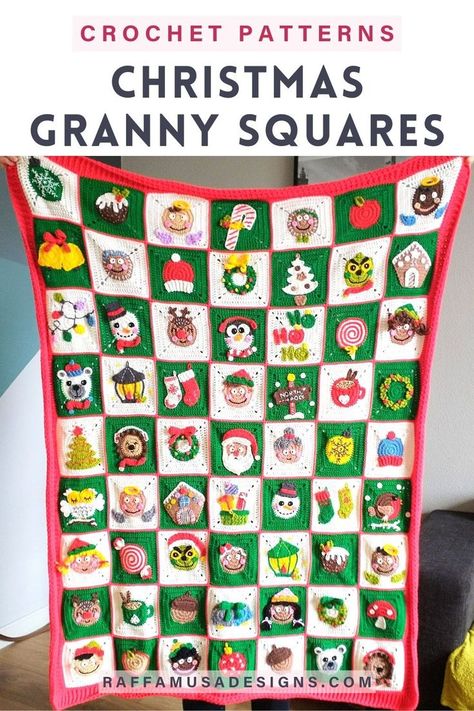 a crochet Christmas granny square blanket Granny Christmas, Christmas Afghan, Christmas Crochet Patterns Free, Granny Square Crochet Patterns Free, Christmas Squares, Crochet Xmas, Holiday Crochet, Granny Square Blanket, Christmas Crochet Patterns