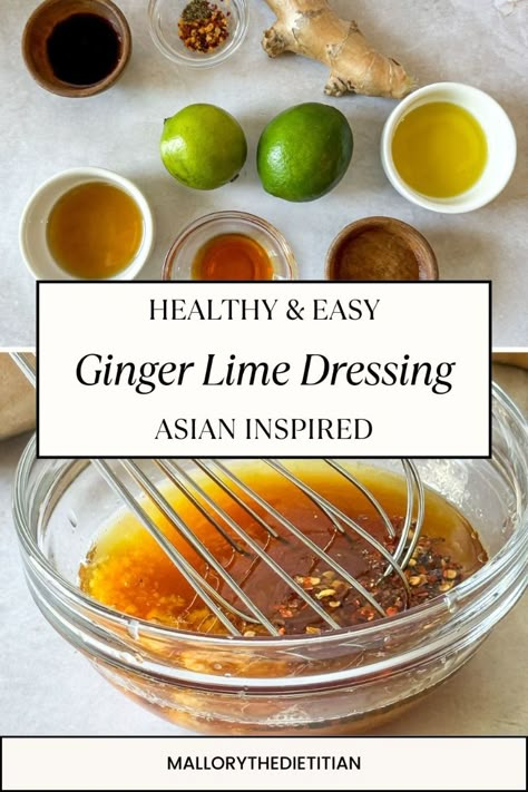 This homemade salad dressing recipe is SO easy to make and it's perfect on Crunchy Asian Salads. 🙌🏻 It's a quick dressing recipe that comes together in just a couple of minutes! Fresh lime juice combined with spicy ginger, toasted sesame oil, and sweet soy sauce. Just a few simple ingredients is truly all you need to make a delicious ginger sesame dressing! If you want to make Ginger Lime Dressing yourself, click for the full recipe. I hope that you love this salad dressing. Follow for more healthy recipes from a dietitian. 😊 Soy Ginger Dressing Recipe, Citrus Soy Sauce Recipe, Ginger Lime Vinaigrette Dressing Recipe, Soy Sesame Dressing, Sesame Oil Salad Dressing, Asian Lime Dressing, Coconut Dressing For Salad, Spicy Ginger Dressing, Peanut Ginger Sauce