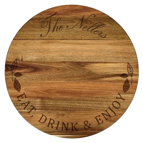 PRICES MAY VARY. Size -- 16" diameter Material -- Made of acacia Features -- 360 degree rotation Personalization Included -- Rotating Trays will be laser engraved at no additional cost! Please note - color variation in the wood is normal. Your personalization may reflect that variation in color. Sit down for a family meal with everything you need to make your food even more delicious using our Engraved Eat Drink & Enjoy Lazy Susan to set out desired condiments and seasonings! Personalize this tu Personalized Lazy Susan, Wood Ideas, Family Meal, Drawer Organizers, Lazy Susan, Cabinet Drawers, Dining Storage, Turntable, Laser Engraved