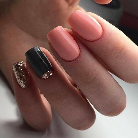 Peach and Black Nails. Gold Glitter Nails. Gel Nails. Gel Lak, Peach Nails, Her Nails, Super Nails, Trendy Nail Art, Winter Nail Art, Short Nail Designs, Gel Nail Designs, Autumn Nails