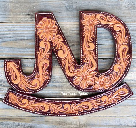 Leather Wedding Decor, Western Leather Tooling, Tooled Leather Tattoo, Pasture Wedding, Leather Wedding Gifts, Ranch Art, Leather Letters, Ranch Gifts, Western Blankets