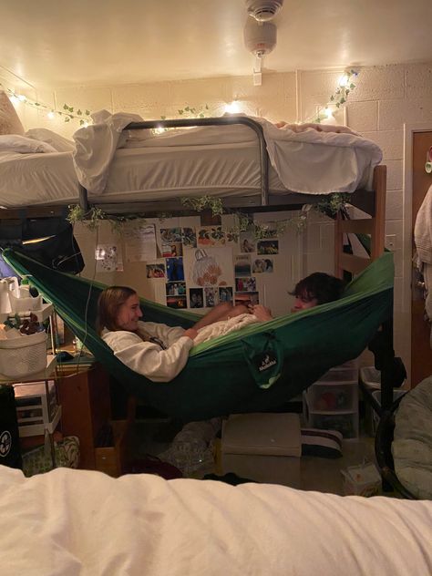 Loft Dorm Bed, Lofted Bed Dorm Room Ideas Aesthetic, Hammock Under Loft Bed, Dorm Room Under Bed Hangout, Desk Under Bed Dorm, Room Ideas With Bunk Beds, Hammock Under Loft Bed Dorm, Lofted Bed Dorm, Dorm Room Ideas Lofted Bed