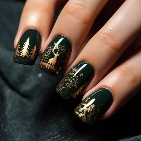 winter nails design forest green and earthy brown, nails with pine tree and reindeer designs. follow 👉 @frequentart for more inspirations! Winter Forest Nails, Pine Tree Nails, Winter Nail Designs 2023, December Nail Designs, Reindeer Nail Art, Forest Nails, Unusual Nail Designs, Nails Witchy, Reindeer Nails