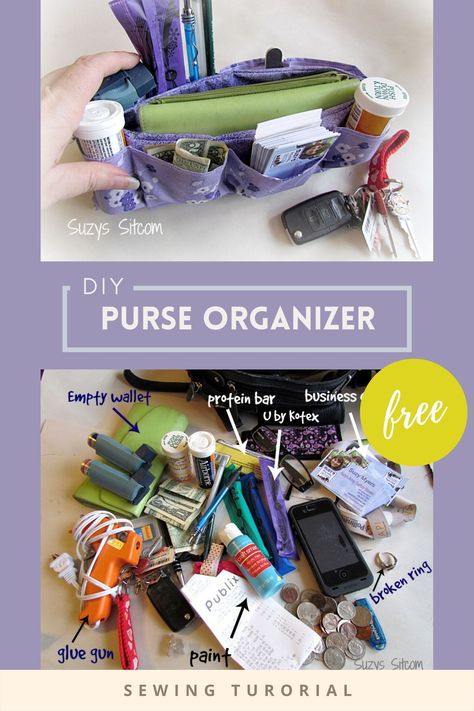 DIY Purse Organizer FREE sewing tutorial. This is your chance to sew an easy purse organizer that fits in your purse so that everything has its place and everything can be easily found. Instead of a bag with no pockets and everything is just in there lumped together. My life, my bag, is so much easier with an organizer. Free purse organizer sewing pattern. SewModernBags Purse Organizer Sewing Pattern, Diy Purse Storage, Diy Purse Organizer Insert, Purse Organizer Pattern, Diy Purse Organizer, Purse Organizer Insert, Handbag Organizer, Purse Storage, Backpack Organization