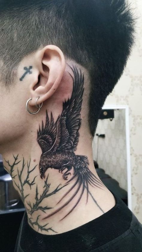 Crow Neck Tattoo Design, Men’s Throat Tattoo Ideas, Raven Tattoo Neck, Crow Tattoo Neck, Animal Neck Tattoo, Half Neck Tattoo, Raven Neck Tattoo, Bird Neck Tattoo, Throat Tattoo Men